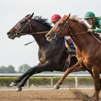 Seabiscuit vs. War Admiral (The Gaze)

    A hyper-realistic, high-resolution photograph capturing the apex of the 1938 match race between Seabiscuit and War Admiral.

    Focus: The composition is tight, showing both horses running neck-and-neck, dominating the frame. The camera angle is side-on and slightly low, emphasizing their size and muscle. The critical focus is on the space between the horses' heads as they are running stride for stride.

    Details: War Admiral (the dark bay) should show determination and slight surprise, with his head stretched out. Seabiscuit (the smaller bay) should display his characteristic "game" look—intense, focused, and seemingly looking directly into War Admiral's eyes (or toward his rival). Both jockeys (Red Pollard or George Woolf for Seabiscuit; Charles Kurtsinger for War Admiral) are visible, leaning low and urging their mounts on.

    Atmosphere: The light should be bright but slightly diffused, suggesting an autumn afternoon at Pimlico. Dust and track debris are kicked up behind them, blurred slightly by the horses' tremendous speed. The image must convey the raw power, intense rivalry, and the exact moment when the smaller horse asserts his dominance.

    Style: Cinematic photography, realistic texture, sharp focus on the horses' eyes and muscle definition.