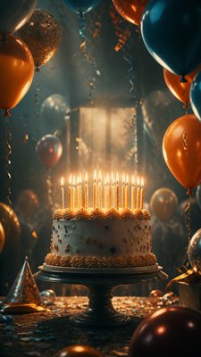 a birthday cake with lit candles surrounded by balloons and confetti, festive vertical composition, no text