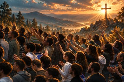 a large group of people standing in front of a cross