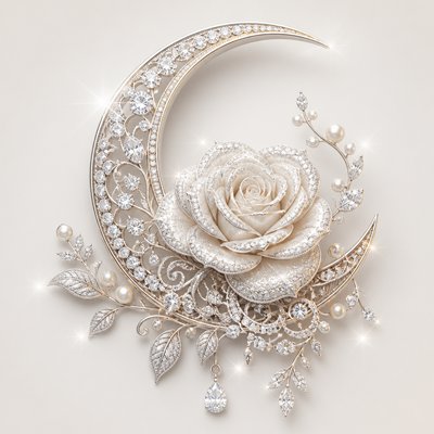 a rose entwined with a crescent moon, clean balanced composition on a plain background, no text