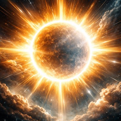 Ancient celestial vision: the blazing sun unites with a translucent moon, the moon rendered invisible, swallowed by the sun's overwhelming radiance yet delicately outlined as a glass, beams of divine light pouring through, the moon spiritual symbolism of hidden union and concealed intimacy, ethereal golden and silver tones, sun and moon the same size, golden rays enveloping a transparent moon.