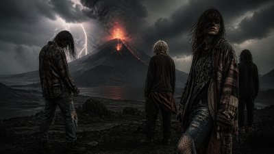 an erupting volcano with lightning strikes, dramatic wide composition, no text