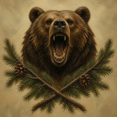 a roaring bear head above crossed pine branches, bold graphic composition on a plain background, no text