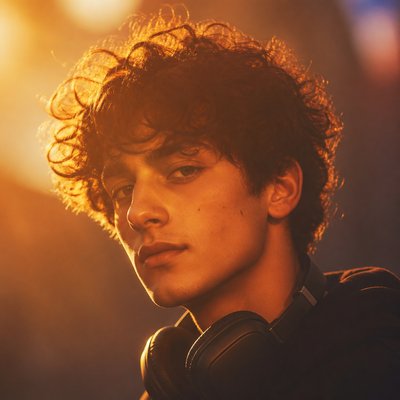 head-and-shoulders portrait of an original character: a young man with curly dark hair and headphones around his neck, plain backdrop, no text