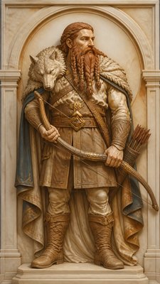 full-body original character: a dwarven ranger with a braided auburn beard, worn leather armor, a longbow and a wolf-pelt cloak, neutral background, no text