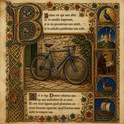 bicyle resting against a wall — Illuminated Manuscript Art Style
