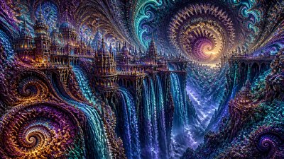 a cliffside city with waterfalls cascading into a misty canyon, wide establishing shot, no people, no text