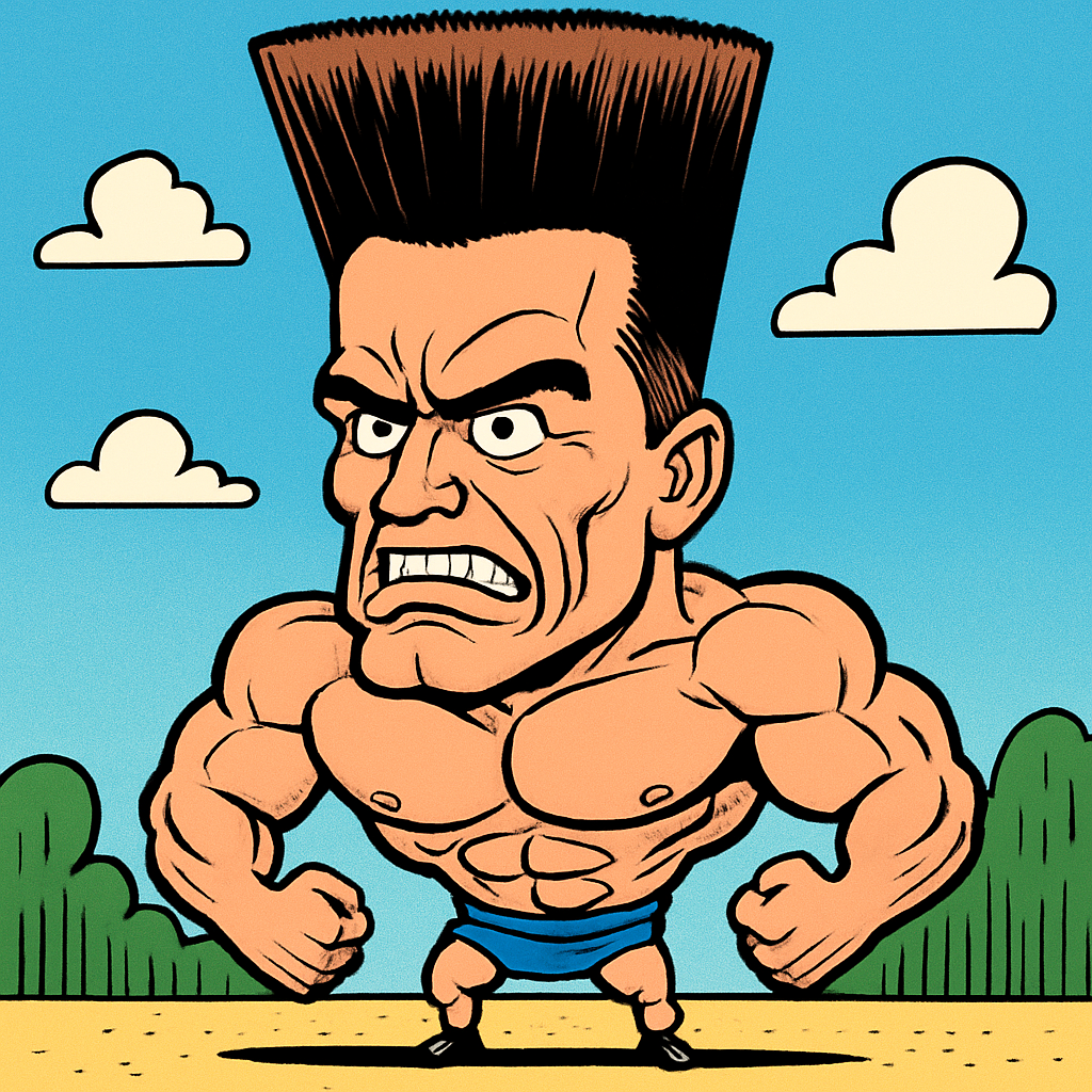 Arnold Schwarzenegger, extreme caricature, enormously tall crew cut hair, massive muscles, tiny lower body, exaggerated robotic expression, big head on tiny body, thick crisp black outlines, vibrant saturated colors, clean comic illustration style