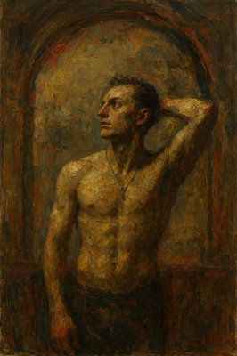 a painting of a man with no shirt on
