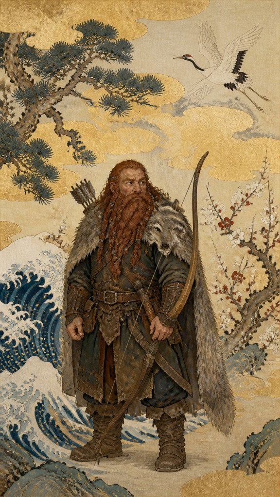 full-body original character: a dwarven ranger with a braided auburn beard, worn leather armor, a longbow and a wolf-pelt cloak, neutral background, no text