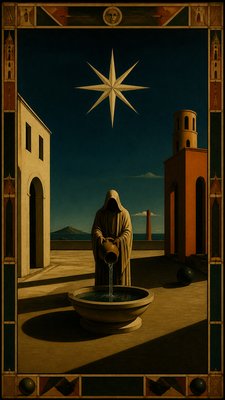 a robed figure pouring water beneath a large eight-pointed star in a night sky, symmetrical composition with an ornate decorative border, no text
