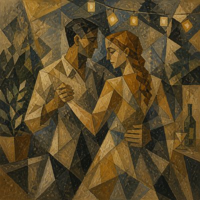 an original couple dancing under string lights in a garden at dusk: a man with short black hair in a linen shirt and a woman with braided red hair in a summer dress