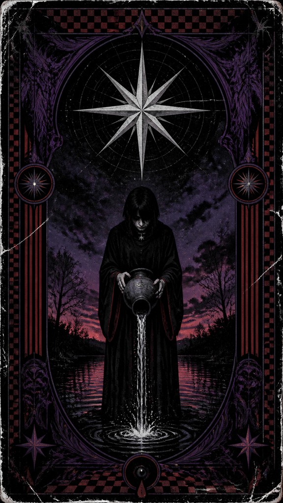 a robed figure pouring water beneath a large eight-pointed star in a night sky, symmetrical composition with an ornate decorative border, no text