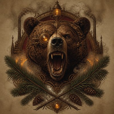a roaring bear head above crossed pine branches, bold graphic composition on a plain background, no text