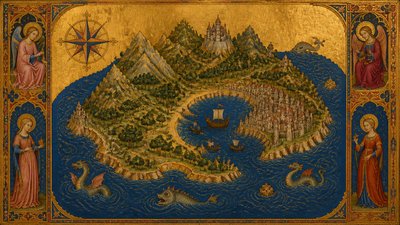 a map of an island realm with mountains, forests, a sheltered bay, sea monsters in the water and a compass rose, no text labels
