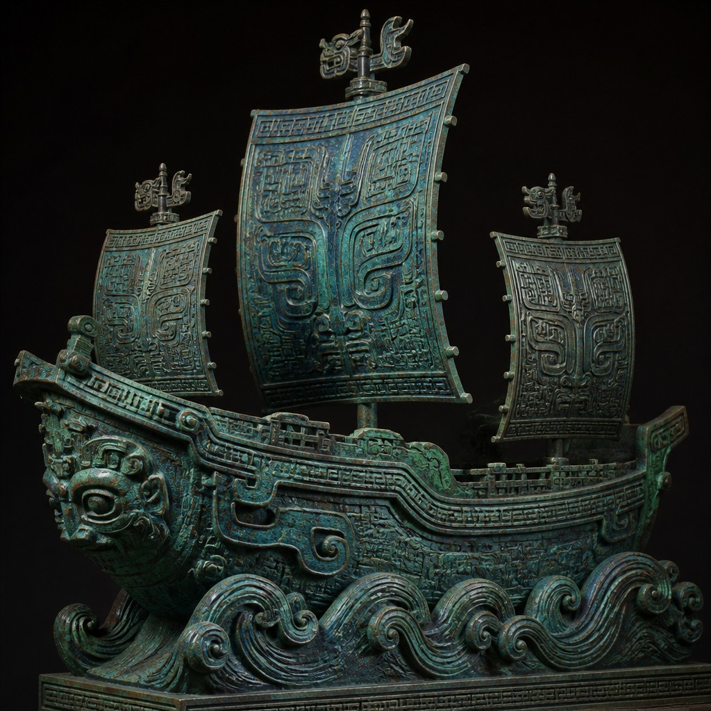 sailing ship on a stormy sea — Ancient Chinese Bronze Art Style