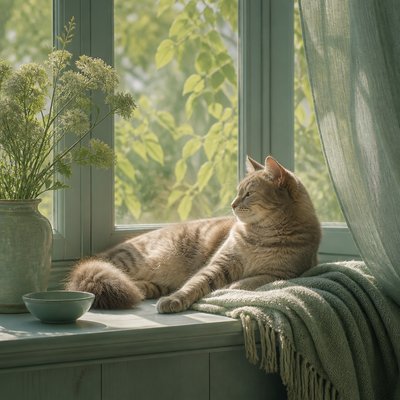 a cat lounging in a sunlit window