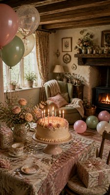 a birthday cake with lit candles surrounded by balloons and confetti, festive vertical composition, no text