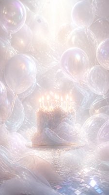a birthday cake with lit candles surrounded by balloons and confetti, festive vertical composition, no text
