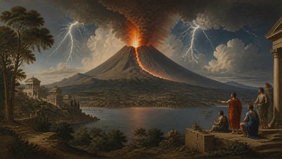 an erupting volcano with lightning strikes, dramatic wide composition, no text