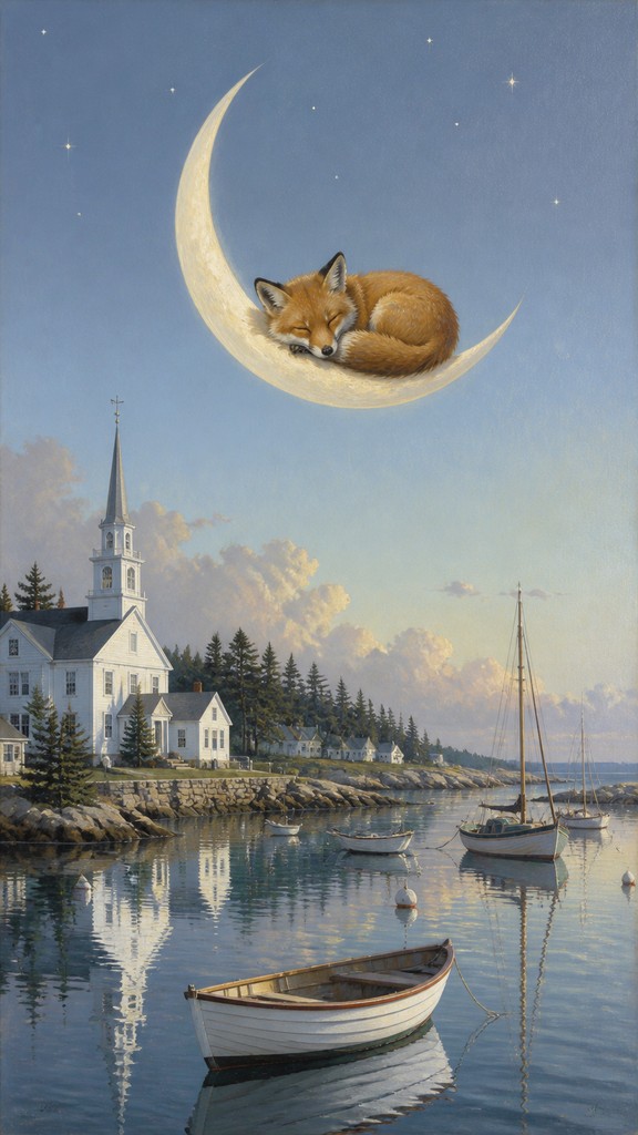 a sleeping baby fox curled on a crescent moon among soft stars, gentle and warm, no text