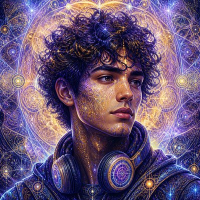head-and-shoulders portrait of an original character: a young man with curly dark hair and headphones around his neck, plain backdrop, no text