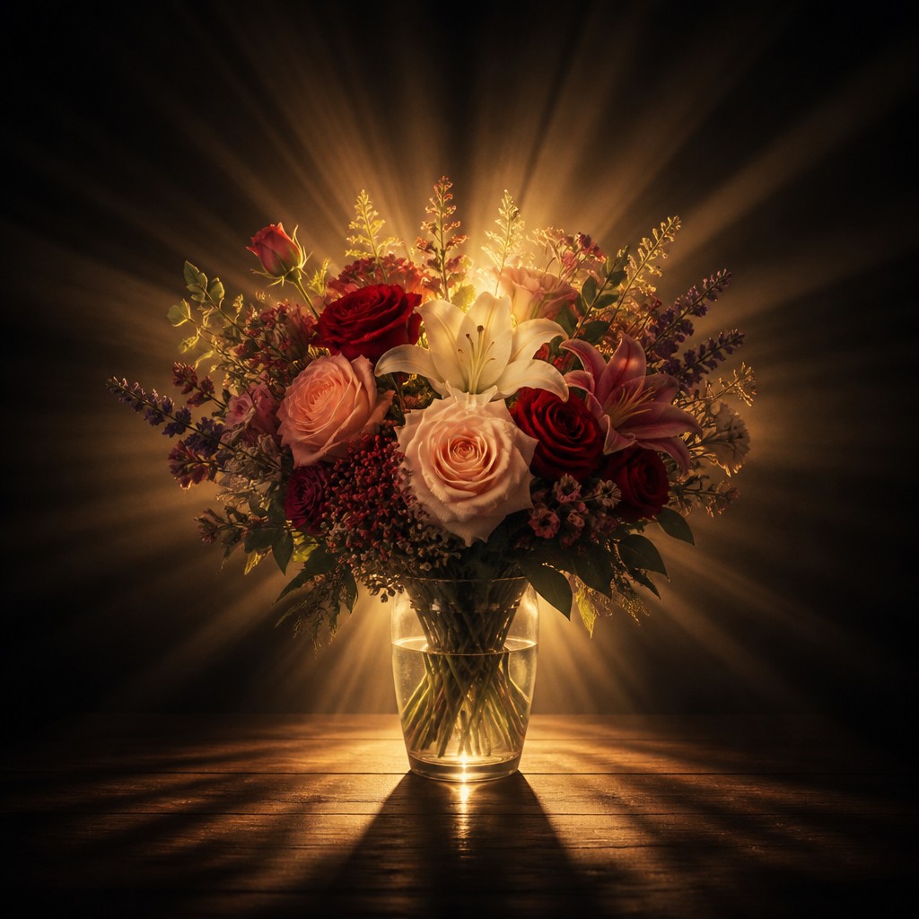 bouquet of flowers in a glass vase — Single Focal Point Art Style