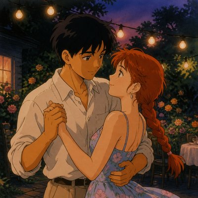 an original couple dancing under string lights in a garden at dusk: a man with short black hair in a linen shirt and a woman with braided red hair in a summer dress