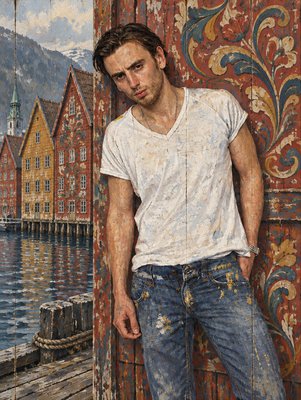a painting of a man leaning against a wall