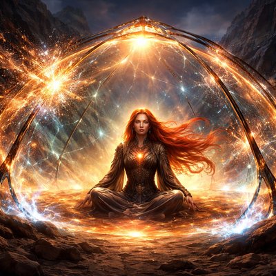 Art Style: A fusion of "Mystical Sci-Fi" and "Cinematic Fantasy Concept Art." The look should be detailed, textured, but dominated by glowing energy effects. Think Dune meets high-fantasy magic.

The Subject: A woman with incredibly long, fiery red hair. Her hair isn't just resting; it appears almost weightless, billowing slightly around her as if charged with static electricity or magic, glowing with a faint internal copper light.

The "Tent" (The Force Field): She is sitting cross-legged inside a structure that resembles the frame of a large expedition tent. However, instead of fabric, the spaces between the poles are filled with a shimmering, translucent energy barrier.

    Appearance: The field is a dome of rippling, geometric light patterns (amber, gold, and electric blue) that hum with power. It looks solid yet transparent.

    The Action (The Protection): The force field is actively working. Outside the tent, a fierce, dark environmental threat—perhaps a swirling dust storm full of jagged rocks, or shadowy, ethereal creatures—is bombarding the outside of the dome.

    The Impact: Where the threat hits the tent, the energy field flares brightly, sending out crackling sparks of light, deflecting the danger completely.

Atmosphere & Setting: The interior of the tent is calm and warmly lit by the energy field, while the outside is chaotic and dark. The setting is a rugged, alien canyon at twilight.