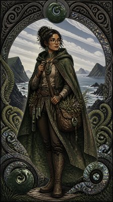 full-body original character: a wandering botanist with a satchel of plants, a patched green cloak, tall boots and round glasses, neutral background