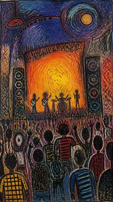 a live music scene with a glowing stage and silhouetted crowd, energetic vertical composition with open space at the top, no text