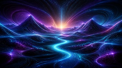 a vast valley with a river winding toward distant mountains at sunrise, no people, no text