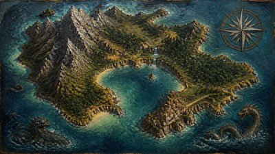 a map of an island realm with mountains, forests, a sheltered bay, sea monsters in the water and a compass rose, no text labels