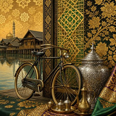 bicyle resting against a wall — Bruneian Art Style