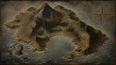a map of an island realm with mountains, forests, a sheltered bay, sea monsters in the water and a compass rose, no text labels