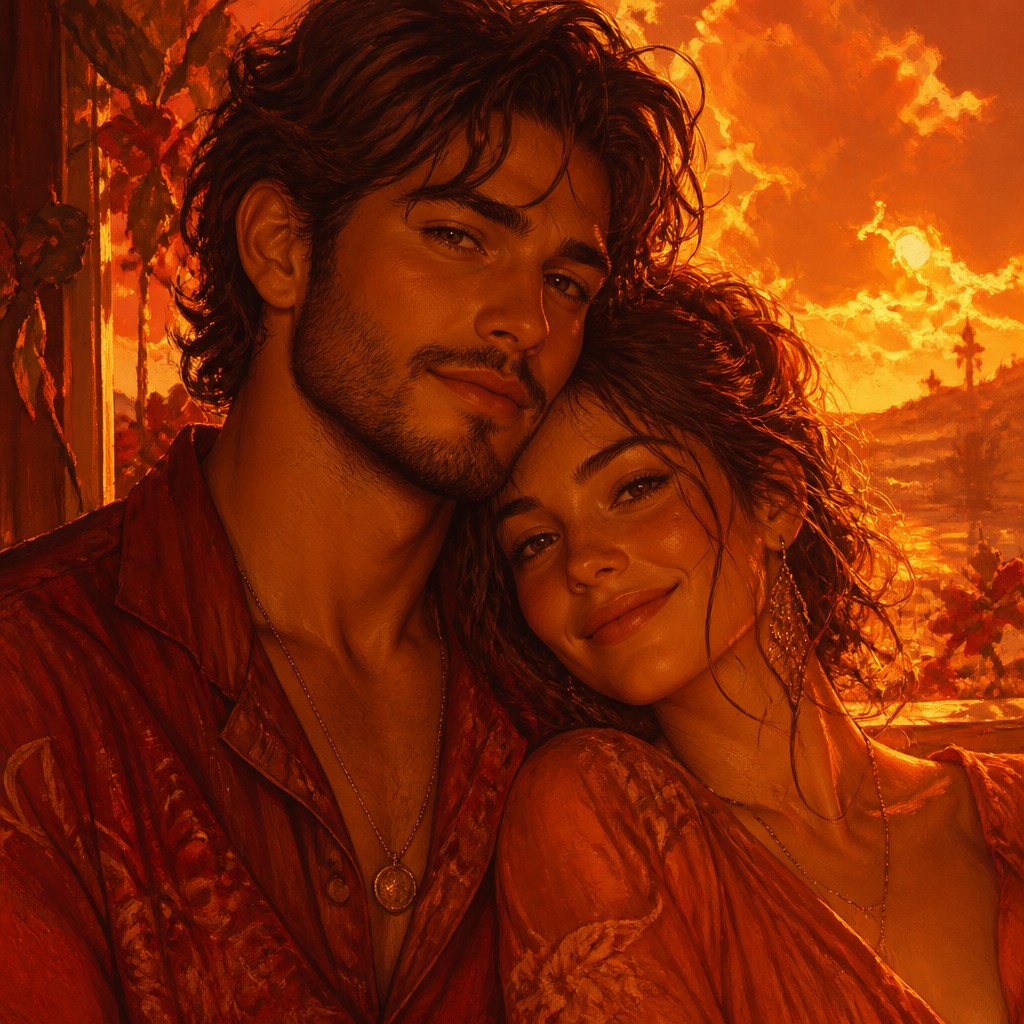 portrait of two people together — Warm Palette Art Style