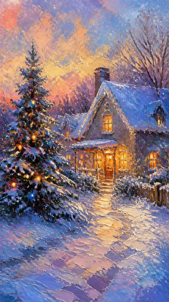 a snow-covered cottage with warm glowing windows beside a decorated pine tree, gentle snowfall, no text