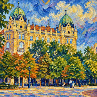 a painting of a building with a sky background