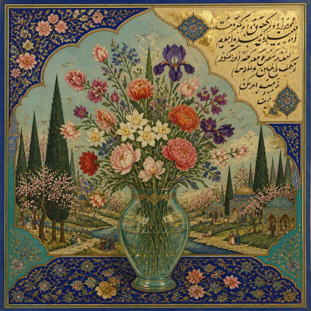bouquet of flowers in a glass vase — Persian Art Style