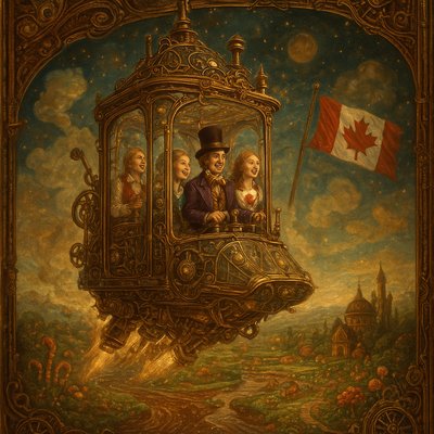 An awe-inspiring and whimsical scene featuring Willy Wonka's Great Glass Wonkavator, soaring through the sky and beyond the confines of Ontario Canada and its flag. The Wonkavator itself is a magnificent, multi-directional glass elevator, transparent and sparkling, with Willy Wonka (wearing his iconic top hat, purple coat, and bowtie) and 2 Canadian ladies looking out with expressions of joy, wonder and excitement. The interior is filled with intricate buttons and levers for controlling its magical flight. The Wonkavator is depicted in mid-flight, perhaps bursting through the factory roof or ascending above the clouds. Below it, the fantastical landscape of the Chocolate Factory is visible – chocolate rivers, edible gardens, candy cane trees, and various whimsical buildings. Beyond the factory, a stunning, imaginative sky unfolds, perhaps with floating candy clouds, distant fantastical landmarks, or even glimpses of outer space and planets. The lighting is bright and magical, emphasizing the glass's transparency and the vibrant colors of the world below and beyond. The overall mood is one of boundless adventure, limitless possibilities, and pure, joyful fantasy."