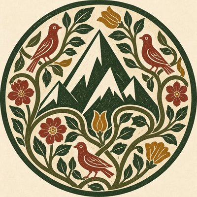 an emblem of a mountain peak inside a circle, simple bold shapes on a plain background, no text or lettering