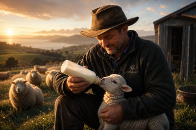 a New Zealand farmer bottle-feeds a bummer lamb