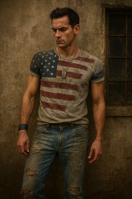 a man standing in front of a wall with an american flag on it