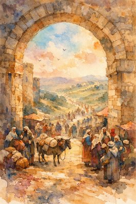 Ancient Jerusalem scene during the feast of passover.  Pilgrims have gathered inside the gate, preparing for departure back home.  Looking from inside the city toward the road that goes back to home, work, and ordinary life.