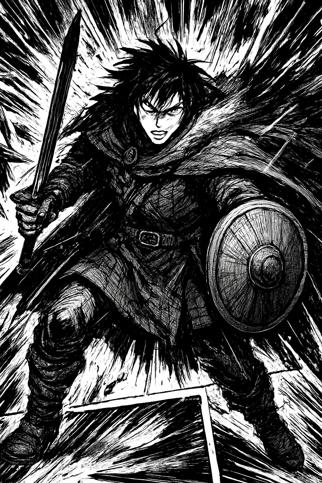 a black and white drawing of a man holding a sword