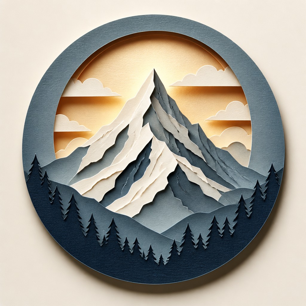 an emblem of a mountain peak inside a circle, simple bold shapes on a plain background, no text or lettering