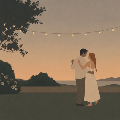 an original couple dancing under string lights in a garden at dusk: a man with short black hair in a linen shirt and a woman with braided red hair in a summer dress