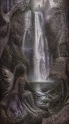 towering waterfall cascading down a cliff