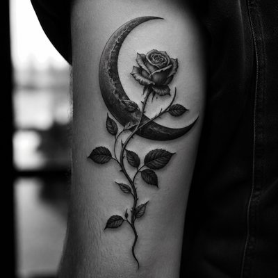 a rose entwined with a crescent moon, clean balanced composition on a plain background, no text